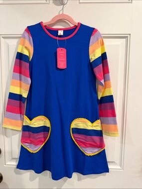 Sunny Fashion Girls Blue Dress with Rainbow Stripe Sleeves and Heart Pockets